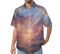 Camisa Hawaiana para Hombre, Casual Manga Corta, Estampado Puerta del Cielo Arcoíris Paisaje Onírico, Camisas Abotonada para Vacaciones, Playa, Blusa Ligera de Verano