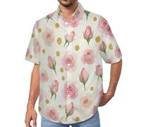 Camisa Hawaiana para Hombre, Casual Manga Corta, Estampado Rosas De Pan De Oro Acuarela De Ensueño, Camisas Abotonada para Vacaciones, Playa, Blusa Ligera de Verano