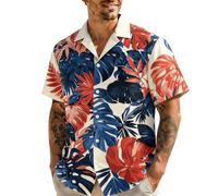 Camisa hawaiana para hombre, con estampado de hojas de palmera tropical, manga corta, para verano, playa, informal, con botones, para vacaciones, color blanco y azul, naranja, 3XL