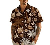 Camisa hawaiana para hombre, con estampado de hojas de palmera tropical, manga corta, para verano, playa, informal, con botones, para vacaciones, color blanco y azul, café, XL