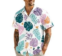 Camisa hawaiana para hombre, con estampado de hojas de palmera tropical, manga corta, para verano, playa, informal, con botones, para vacaciones, color blanco y azul, Morado (, S