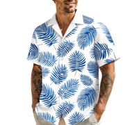 Camisa hawaiana para hombre, con estampado de hojas de palmera tropical, manga corta, para verano, playa, informal, con botones, para vacaciones, color blanco y azul, azul, S