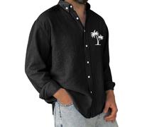Camisa hawaiana para hombre, de manga larga, estampada, con botones, de verano, de gran tamaño, color liso, ajuste holgado, cómodas, transpirables, ligeras, para vacaciones, S-XXXXXL, Negro, XXL
