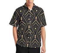 Camisa hawaiana para hombre, diseño Art Deco negro y dorado, para verano, playa, manga corta, informal, con botones y bolsillo, Patrón Art Deco negro y dorado, L