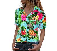 Camisa hawaiana para mujer - Camiseta para mujer con estampado, blusa hawaiana, camisa hawaiana, manga corta, bolsillo frontal, estampado hawaiano, pequeñas flores, manga corta, camisas de un solo