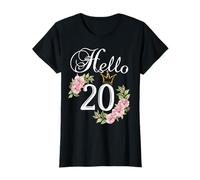 Camisa Hello 20 con flores y corona para cumpleaños número 20 Camiseta