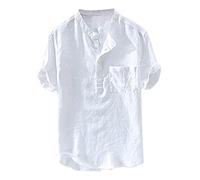 Camisa Henley de algodón y lino para hombre, manga corta, estilo hippie, casual, para verano, playa, con bolsillo, ligera, cuello con bandas, camisetas de playa, color liso, camisas casuales para
