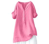 Camisa Henley de manga corta con cuello en V para mujer, estilo bohemio, ajuste holgado, túnica de verano, ligera, para vacaciones en la playa, uso diario, hot pink, M