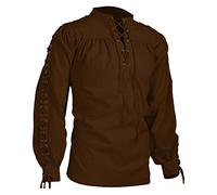 Camisa Henley de manga larga para hombre, clásica, con cordones, medieval, vintage, color liso, estilo pirata escocés, estilo tradicional retro, para vikingo medieval a juego, café, S