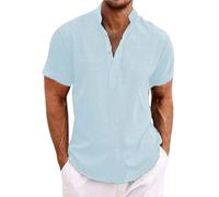 Camisa Henley para hombre con cuello de banda, camisa de playa para verano, transpirable, casual, color sólido, camisa de manga corta para hombre, camisas para hombre, ajuste regular, cuello de abuelo