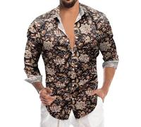 Camisa Hippie Hombre Manga Larga Camisas Retro Colorida de Los Años 70 80 Disfraz de Estampado Flores con Botones Blusa Verano Camiseta Hawaiana Ropa de Carnaval Fiesta Disco Club S-4XL