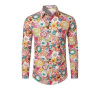 Camisa Hippie Hombre Manga Larga Camisas Retro Colorida de Los Años 70 80 Disfraz de Estampado Flores con Botones Blusa Verano Camiseta Hawaiana Ropa de Carnaval Fiesta Disco Club S-4XL