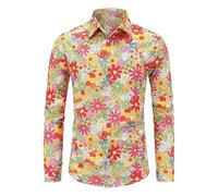 Camisa Hippie Hombre Manga Larga Camisas Retro Colorida de Los Años 70 80 Disfraz de Estampado Flores con Botones Blusa Verano Camiseta Hawaiana Ropa de Carnaval Fiesta Disco Club S-4XL