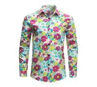 Camisa Hippie Hombre Manga Larga Camisas Retro Colorida de Los Años 70 80 Disfraz de Estampado Flores con Botones Blusa Verano Camiseta Hawaiana Ropa de Carnaval Fiesta Disco Club S-4XL