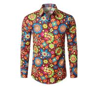 Camisa Hippie Hombre Manga Larga Camisas Retro Colorida de Los Años 70 80 Disfraz de Estampado Flores con Botones Blusa Verano Camiseta Hawaiana Ropa de Carnaval Fiesta Disco Club S-4XL