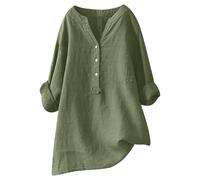 Camisa holgada de lino liso para mujer, manga larga, con botones, cuello mandarín, camiseta al azar, Ejercito Verde, 3XL