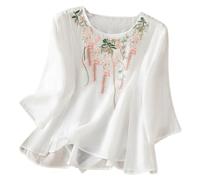 Camisa Holgada Elegante de Verano para Mujer, con Mangas Cinco Cuartos, Estilo Retro literario, Cuello Redondo y Bordado # L