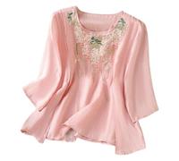 Camisa Holgada Elegante de Verano para Mujer, con Mangas Cuartos, Estilo Retro literario, Cuello Redondo y Bordado#A