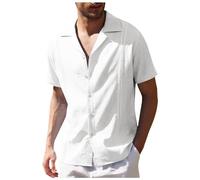Camisa Hombre Casual Lino Bordado Borde Liso Manga Corta Cuba Guayabera Playa Estilo, blanco, XXL