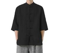 Camisa Hombre De Estilo Chino Algodón Y Lino - Camisa De Verano Casual Hombre Camiseta Manga 3/4 Tops Retro Vintage Camiseta Color Sólido Tops Exteriores Tops Transpirable Blusa, Negro , 3XL