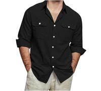 Camisa Hombre de Manga Larga Algodón y Lino Camiseta Color sólido Trabajo Casual Cuello en V Moda Primavera Verano Original Bolsillo Camisa Suelto Fiesta Tops Ligero tee Talla Grande 2025