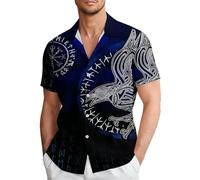 Camisa Hombre Estampada de Manga Corta para un Look Casual, con Botones y diseño gráfico de mitología nórdica. Ropa cómoda para el Verano. (Dark Blue, XL)