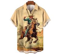 Camisa Hombre Impresa 3D Retro Western Cowboy Impreso Manga Corta Cuello Solapa Camisas Verano Regular Botón Camisa de Playa Casual Hawaiian Tops