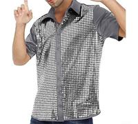 Camisa Hombre Larga Estampada con Hebilla Camisa Hombre Larga(Grey XXL) | con secuencias brillantes, hebilla decorativa única, ajuste regular cómodo, ideal fiestas