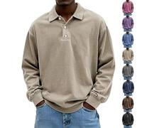 Camisa Hombre Ligera Y Transpirable De Manga Larga Estilo Casual Elegante Cuello con Botones Tipo Pullover(Khaki,S)