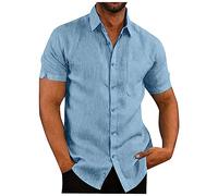 Camisa Hombre Manga Corta Camisa Casual Lino Hawaiana Camisas Suelta Funky de Verano 2024 Camisa de Color Sólido con Botónes Informales Vestir Shirt Ropa Hombre (Cielo Azul,XL)