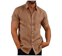 Camisa Hombre Manga Corta Camisas Casual Lino Hawaiana Camisa Funky Suelta de Verano 2024 Camisas de Color Sólido con Botónes Informales Elegante Top Ropa Hombre (Caqui,L)