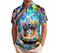 Camisa Hombre Manga Corta De Boliche con Estampado De Pascua. Camisa Hawaiana Casual con Botones Y Ajuste Regular Ideal para Celebraciones Semana Santa Y Looks Playeros Verano M37