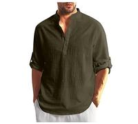 Camisa Hombre Manga Larga Camisas Hawaiana Casual Lino Camisa Suelta Funky de Verano 2024 Camisas de Color Sólido con Botónes Informales Elegante Top Ropa Hombre (Ejercito Verde,XL)