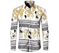 Camisa Hombre Manga Larga Estampada Barroco Dorado Paisley Clave Griega, Camisa Vintage Elegante Lujosa Informal Boda Fiesta