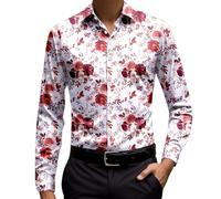 Camisa Hombre Manga Larga Estampado Floral Informal Botones Diario Elegante Casa Cómoda (Red, L)