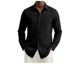 Camisa Hombre Manga Larga Verano Slim Fit Negocios Casual Thee Camisetas Urban Classic Camisa Vestida Botón Color Sólido Camiseta De Playa Deportiva Ligero, Negro , M