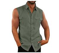 Camisa Hombre Sin Manga Camisa Lino Casual Hawaiana Camisas Estilo Funky de Verano 2024 Camisas de Color Sólido con Botónes Informales Elegante Top Ropa Hombre (Verde,L)