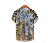 Camisa informal con botones para hombre, manga corta, estampado de dragón, estilo vintage, mezcla de poliéster y elastano, para ropa de calle y trajes de playa (2XL A)