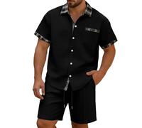 Camisa informal de manga corta con estampado cuadros y patchwork, pantalones cortos punto moderno, conjunto mixto para uso diario. Pantalones Militares Hombre Conjunto Hawaiano Deportivo De
