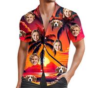 Camisa Informal de Verano para Hombre con Estampado de cocotero y Atardecer Cuello Abotonada Ideal para casa Playa y Exterior (Red, L)