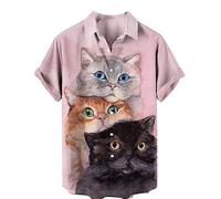 Camisa Informal para Hombre, Camisas con Estampado 3D de Gato de Dibujos Animados Camisa Informal de Manga Corta con Botones Camisa de Moda para Vacaciones de Verano y Playa Tops de Calle