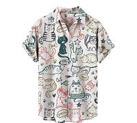 Camisa Informal para Hombre, Camisas con Estampado 3D de Gato de Dibujos Animados Camisa Informal de Manga Corta con Botones Camisa de Moda para Vacaciones de Verano y Playa Tops de Calle