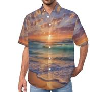 Camisa Informal para Hombre, con Estampado 3D de Olas del Océano Al Atardecer Paisaje De Playa, Camisas de Manga Corta con Botones, Vacaciones de Verano Playa Tops de Moda Calle