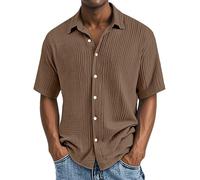 Camisa Jean Homme Camisa con botones de manga corta texturizada para hombre, de algodón, informal, para vacaciones, playa, ligera y holgada, para verano, camiseta caro, marrón, XL