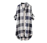 Camisa Larga a Cuadros para Mujer, Camiseta Estampada Informal de algodón y Lino, Chaqueta de Verano Ultra-Soft Causal T-Shirt Camiseta (Blue, XL)