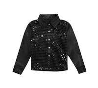 Camisa Lentejuelas Brillo Niño Moda Camisa Chaqueta Hip Hop de Manga Larga Niña Blusa para Niños para Coro Danza Baile Escena Música Fiesta Carnaval Disfraz de Baile Brillante de Actuación Competición