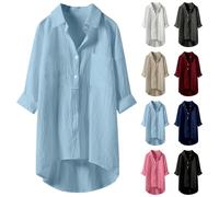 Camisa ligera para mujer de verano de manga larga, camisa larga para mujer, verano fluido, talla grande, blusa solapa botón alto color sólido todos los días Top al aire libre versátil blusa casual