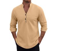 Camisa Lino Hombre,Camisa Blanca Hombre,Mens Shirts Casual T Shirt Long Sleeve Collar Button Down Beach Tops Manga Larga (Khaki, S)