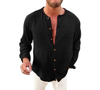 Camisa Lino Hombre Manga Corta, Camisa Hombre Cuello Mao, Blusa Informal De Manga Larga con Botones para Informal De OtoñO con Pliegues SóLidos Camisas-Hombre Camisa-Hombre-Casual