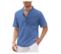 Camisa Lino Hombre Manga Corta Camisas Hawaiana Lino Casual Camisa Estilo Funky de Verano 2024 Camisa de Color Sólido con Botónes Elegante Vestir Shirt Ropa Hombre (Azul,3XL)
